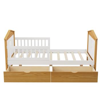 Twin Size House Shape Bed with  Two Drawers Wooden Bed for Girls Boys Teens, No Box Spring Needed, Walnut and White