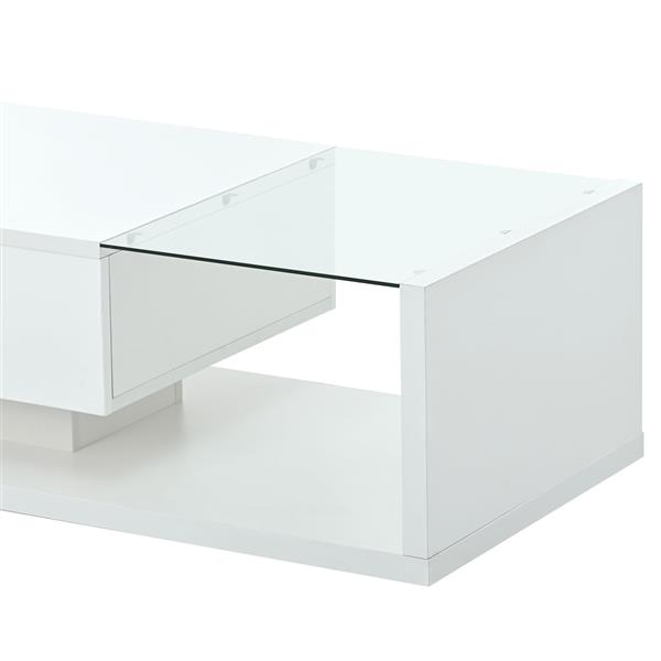 [VIDEO provided] Modern Coffee Table with Tempered Glass, Wooden Cocktail Table with High-gloss UV Surface, Modernist 2-Tier Rectangle Center Table for Living Room, White