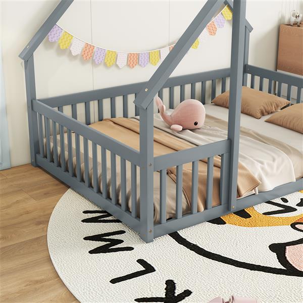 Full Wood House-Shaped Floor Bed with Fence, Guardrails,Grey