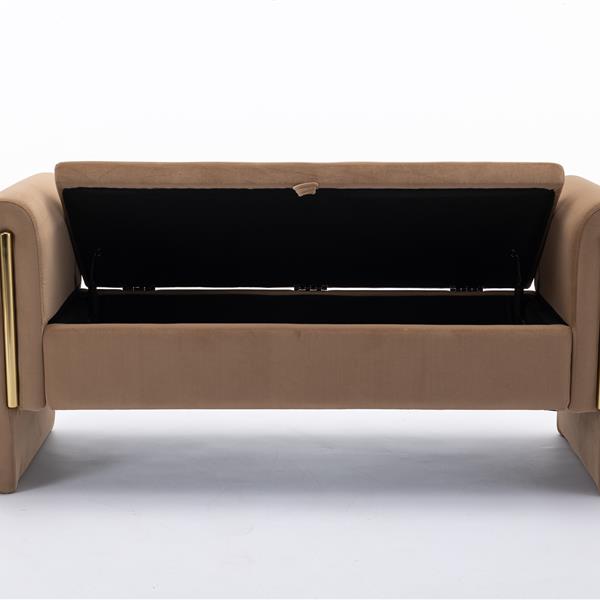 032-Velvet Fabric Storage Bench Bedroom Bench With Gold Metal Trim Strip For Living Room Bedroom Indoor,Coffee