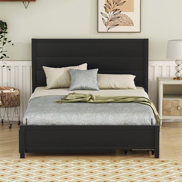 Metal Full Size Storage Platform Bed with Twin Size Trundle and 2 Drawers, Black