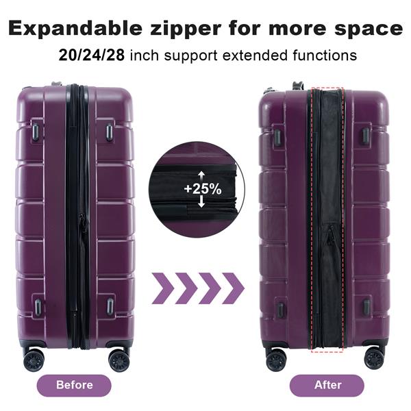 Luggage Sets New Model Expandable ABS+PC 3 Piece Sets with Spinner Wheels Lightweight TSA Lock (20/24/28),DEEP PURPLE