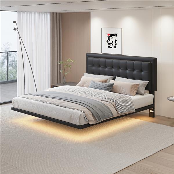 Queen Size Floating Bed Frame with Motion Activated Night Lights,Modern PU Upholstered Button Tufted Platform Bed Frame,Black