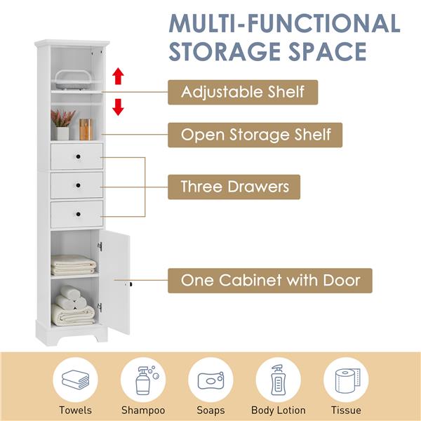 White Tall Bathroom Cabinet,  Storage Cabinet with 3 Drawers and Adjustable Shelf, MDF Board with Painted Finish