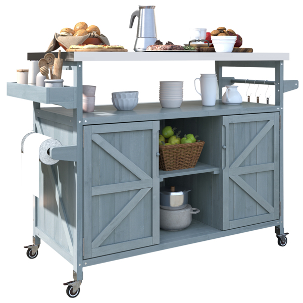 Outdoor Kitchen Island, Rolling Bar Cart & Storage Cabinet, Farmhouse Solid Wood Outdoor Grill Table with Stainless Steel Top, Spice Rack , Towel Rack for Kitchen & BBQ , Grey Blue