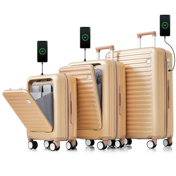 Luggage Set of 3, 20, 24, 28inch with USB Port, 20, 24inch with front opening design Airline Certified Carry on Luggage with Cup Holder, ABS Hard Shell Luggage with Spinner Wheels, Champagne