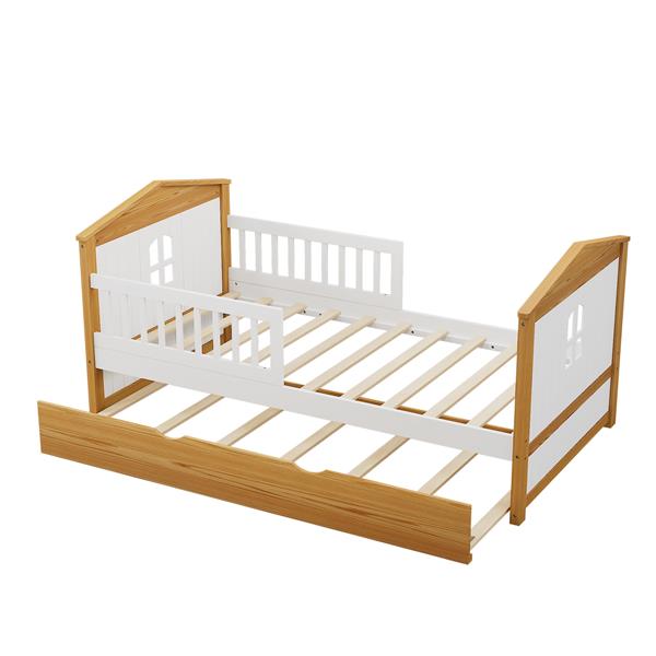 Twin Size House Shape Bed with Trundle Wooden Bed for Girls Boys Teens, No Box Spring Needed, Walnut and White