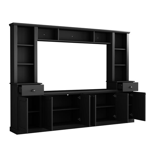 Minimalist Entertainment Wall Unit Set with Bridge for TVs Up to 75'', Ample Storage Space TV Stand with Adjustable Shelves, Modernist Large Media Console for Living Room, Black