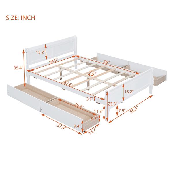 Full Size Wood Platform Bed with 4 Drawers and Streamlined Headboard & Footboard, White