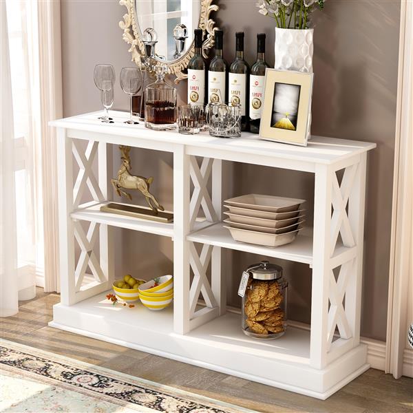 Console Table with 3-Tier Open Storage Spaces and "X" Legs, Narrow Sofa Entry Table for Living Room (White)