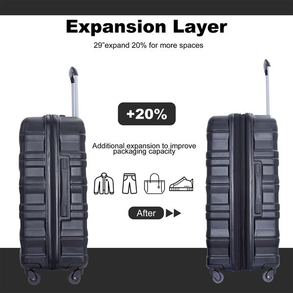 Expandable 3 Piece Luggage Sets PC Lightweight & Durable Suitcase with Two Hooks, Spinner Wheels, TSA Lock, (21/25/29) Black