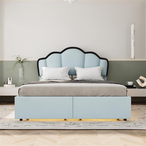 Full Size Upholstered Princess Platform Bed with LED and 2 Storage Drawers, Blue