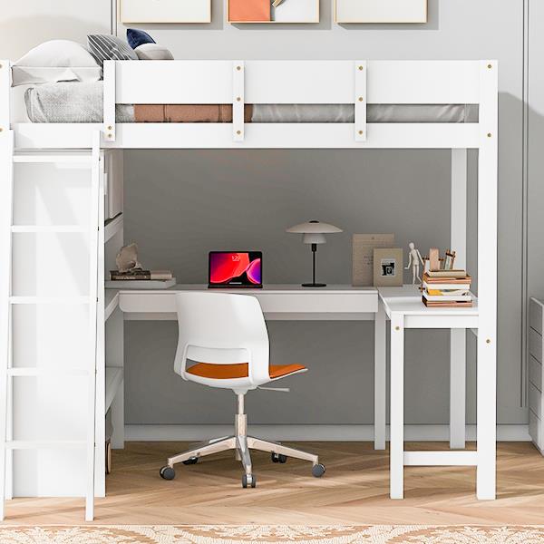 Full Size Loft Bed with Desk and Shelf - White