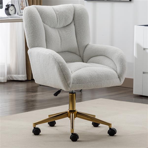 005-Teddy Fabric 360 Swivel Home Office Chair With Gold Metal Base And Universal Wheels,Ivory