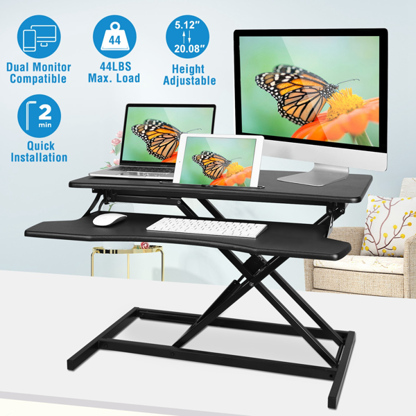  Height Adjustable Standing Desk 31.3” Wide Sit to Stand Converter Stand Up Desk Tabletop Workstation for Laptops Dual Monitor Riser Black