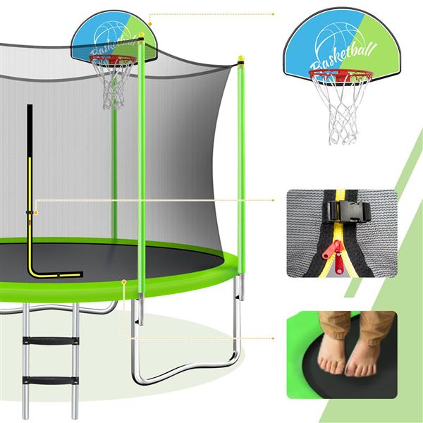 10FT Trampoline for Kids with Safety Enclosure Net, Basketball Hoop and Ladder, Easy Assembly Round Outdoor Recreational Trampoline