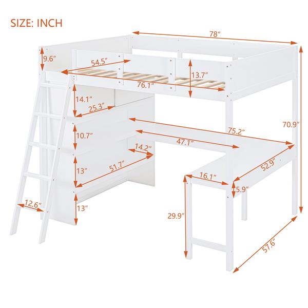 Full Size Loft Bed with Desk and Shelf - White