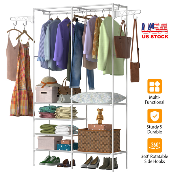 66.1x42.1x14.2in Perfect 4 layers of shelves Closet Organizing rack，weight capacity of the hanging rod and the fabric rack reaches up to 33lbs and 11lbs separately.（no shipments on weekends）