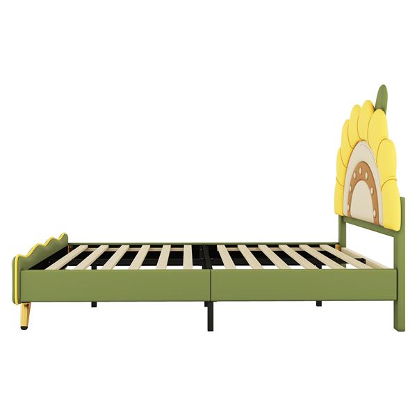 Full Size Upholstered Platform Bed with Sunflower Shaped Headboard, Green