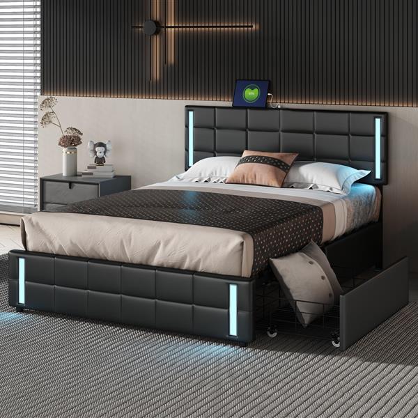 Queen Size Upholstered Platform Bed with LED Lights and USB Charging, Storage Bed with 4 Drawers, Black