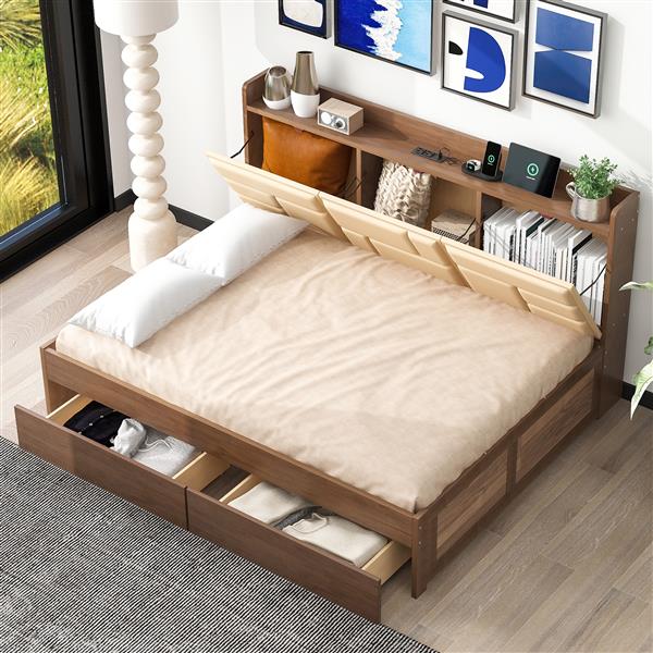 Full Size Wood Daybed with Upholstered Storage Shelves, USB Ports and 2 Drawers, Wood Color