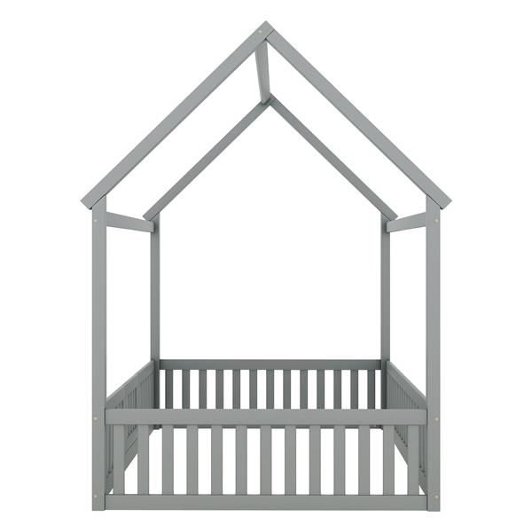 Full Size Wood House Bed with Fence and Door, Gray