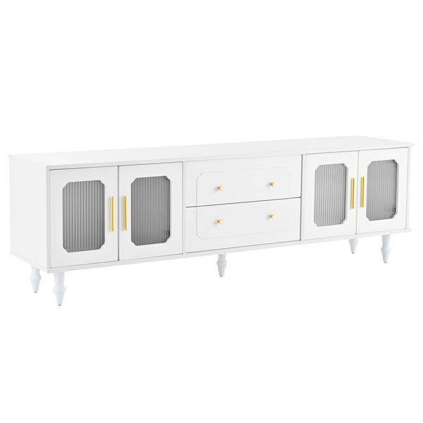 Retro Design TV Stand with Fluted Glass Doors for TVs Up to 78'', Practical Media Console with 2 Drawers and Cabinets, Elegant Entertainment Center for Living Room, White