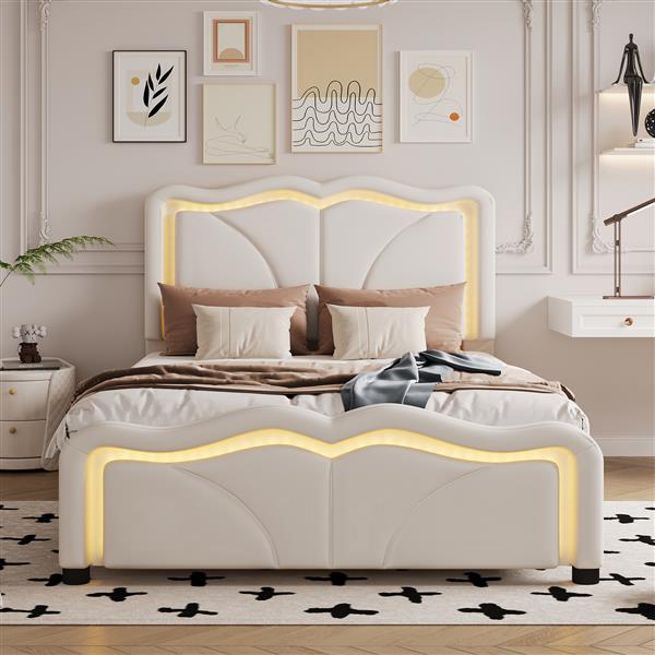 Twin Size Upholstered Platform Bed with Curve Shaped and Height-adjustbale Headboard,LED Light Strips,White