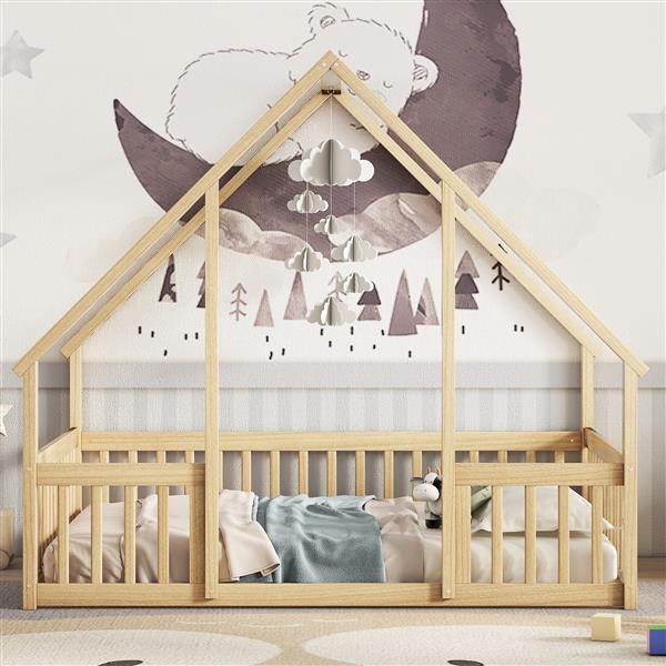 Full Wood House-Shaped Floor Bed with Fence, Guardrails,Natural