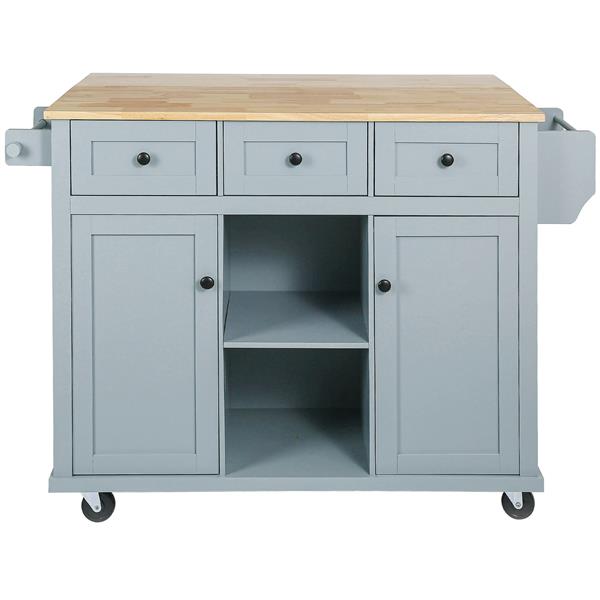 Kitchen Cart with Rubber wood Drop-Leaf Countertop ,Cabinet door internal storage racks,Kitchen Island on 5 Wheels with Storage Cabinet and 3 Drawers for Dinning Room, Grey Blue