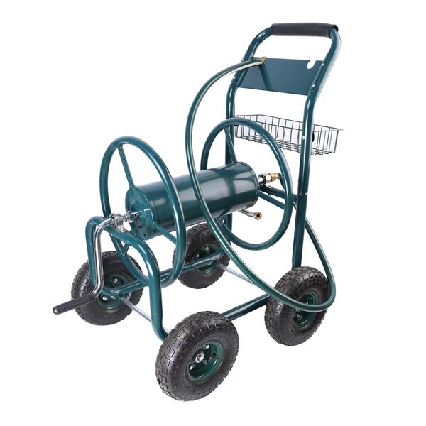 Garden Hose Reel Cart - 4 Wheels Portable Garden Hose Reel Cart with Storage Basket Rust Resistant Heavy Duty Water Hose Holder