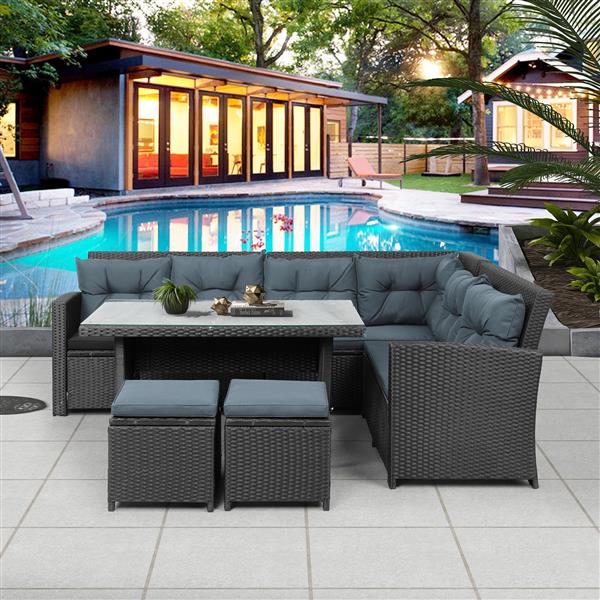 6-Piece Patio Furniture Set Outdoor Sectional Sofa with Glass Table, Ottomans for Pool, Backyard, Lawn (Black)