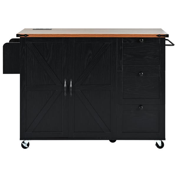 54.5" Farmhouse Kitchen Island with Power Outlet, Kitchen Storage Island  with Internal Storage Rack, Drop Leaf, Spice Rack, Rolling Kitchen Cart on Wheels, for Home, Kitchen and Dining Room,Black