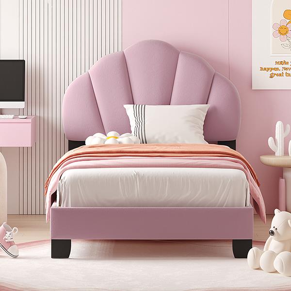 Twin Size Upholstered Velvet Platform Bed with Shell-Shaped Headboard, Pink