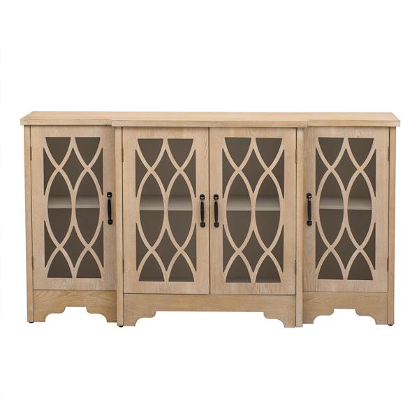 Retro Sideboard Glass Door with Curved Line Design Ample Storage Cabinet with Black Handle and Three Adjustable Shelves for Dining Room and Kitchen (Natural Wood)