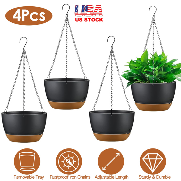 4 Pcs Minimalist Style Hanging Planters with 9.64-inch Diameter, Drainage Holes, and Removable Self-Watering Tray, Suitable for Medium-Sized Plants and Flowers（No shipments on weekends）