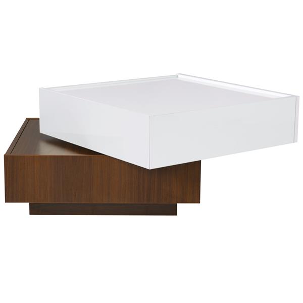 Multi-functional Square 360°Rotating Coffee Table with 2 Drawers, High Gloss 2-Tier Center Table with Swivel Tabletop and Storage, Walnut Table Frame Side Table for Living Room, White