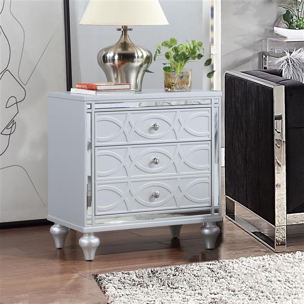 Contemporary Nightstands with mirror frame accents, Bedside Table with two drawers and one hidden drawer, End Table with Crystal Pull for Living Room,Bedroom, Silver