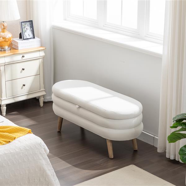 036-Velvet Fabric Storage Bench Bedroom Bench With Wood Legs For Living Room Bedroom Indoor,Ivory