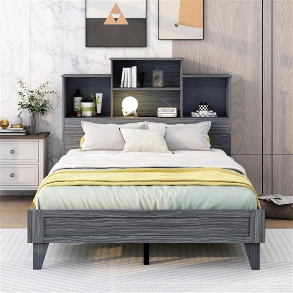 Full Size Storage Platform Bed Frame with 4 Open Storage Shelves and USB Charging Design,Gray