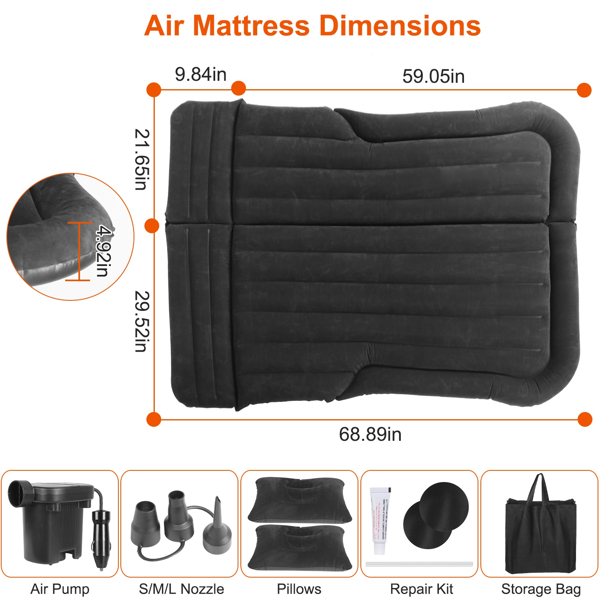 Air Mattress,SUV Air Mattress Thickened Camping Bed Cushion with Pillow Air Pump Storage Bag PVC Flocked Car Bed for Home Car Travel Camping (black)