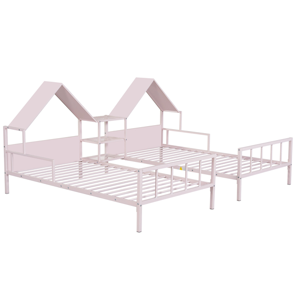 Metal Double Twin Size Platform Bed with House-shaped Headboard and a Built-in Nightstand, Pink