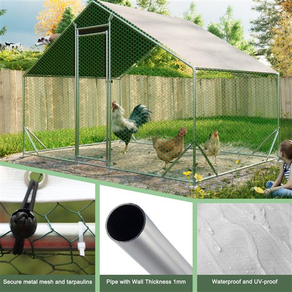 Large Metal Chicken Coop, Walk-in Chicken Run,Galvanized Wire Poultry Chicken Hen Pen Cage, Rabbits Duck Cages with Waterproof and Anti-Ultraviolet Cover for Outside(10' L x 6.6' W x 6.56' H)