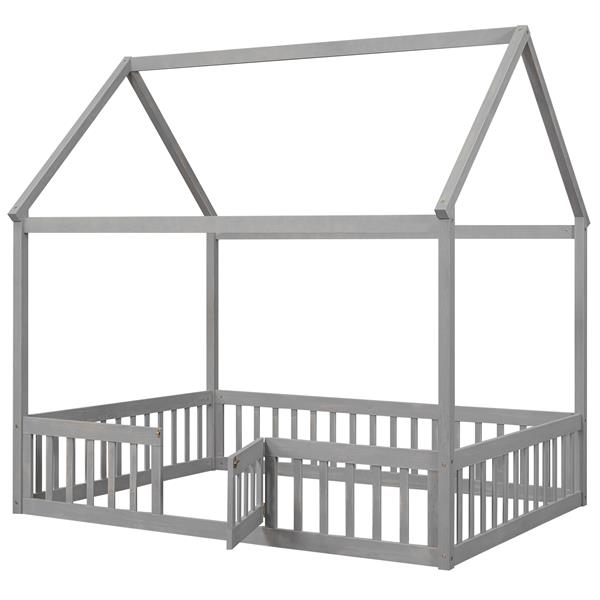 Full Size Wood House Bed with Fence and Door, Gray Wash