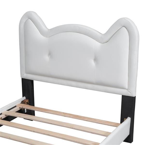 Twin Size Upholstered Platform Bed with Carton Ears Shaped Headboard, White