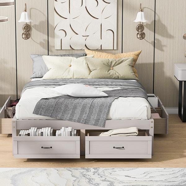 Queen Size Platform Bed with 6 Storage Drawers,Antique White