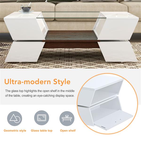 [VIDEO provided] 6mm Glass-Top Coffee Table with Open Shelves and Cabinets, Geometric Style Cocktail Table with Great Storage Capacity, Modernist 2-Tier Center Table for Living Room, White