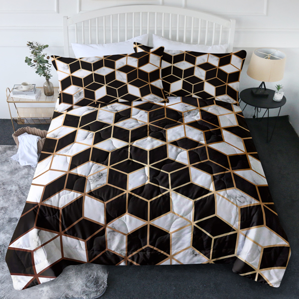 3PCS Comforter Geometric Cube Bedding Set Queen Size Black White Gold Reversible