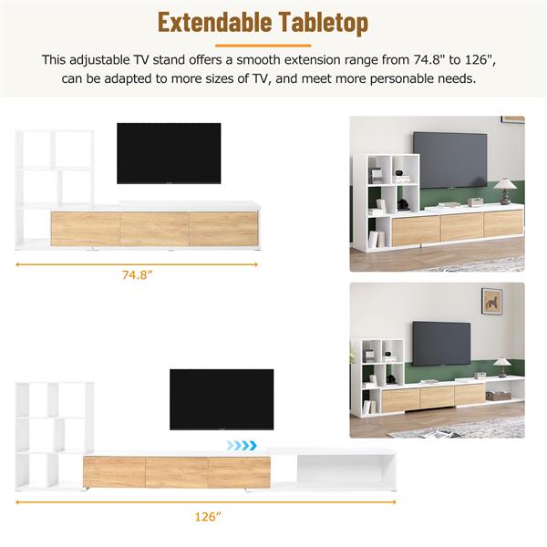 74.8''-126'' Extendable TV Stand with 3 Tier Bookshelves for TVs up to 110'', Adjustable Entertainment Center with Storage Cabinets, Sliding Tabletop Media Console for Living Room, White