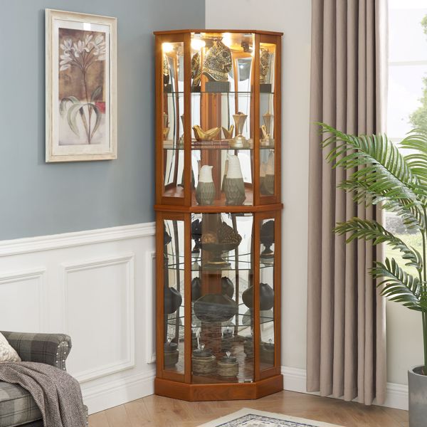 6 Shelf Corner Curio Display Cabinet with Lights, Mirrors and Adjustable Shelves, Oak(E26 light bulb not included) 